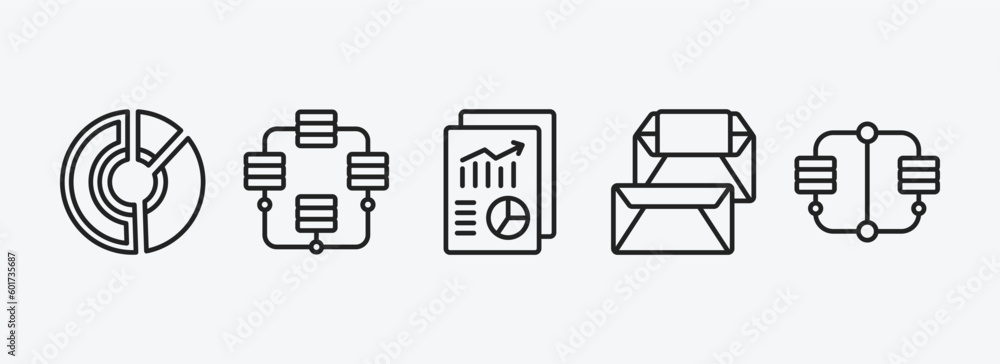 Poster business and analytics outline icons set. business and analytics icons such as data circular chart, 