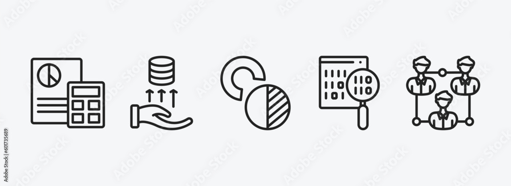 Poster business and analytics outline icons set. business and analytics icons such as accounting, debt, val