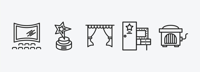 cinema outline icons set. cinema icons such as theatre screen, star movie award, cinema curtains, dressing room, hurdy gurdy vector. can be used web and mobile.