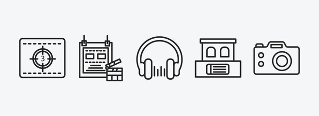 cinema outline icons set. cinema icons such as movie countdown, film poster, headphone, box office, dslr camera vector. can be used web and mobile.