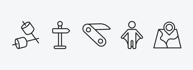 camping outline icons set. camping icons such as marshmallow, direction, pocket knife, wingsuit, map vector. can be used web and mobile.
