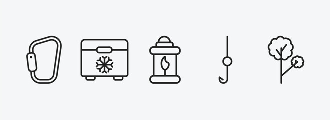 camping outline icons set. camping icons such as carabiner, freezer, fire lamp, hook, tree vector. can be used web and mobile.