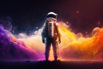 Fototapeta na wymiar Astronaut in outer space with colorful background