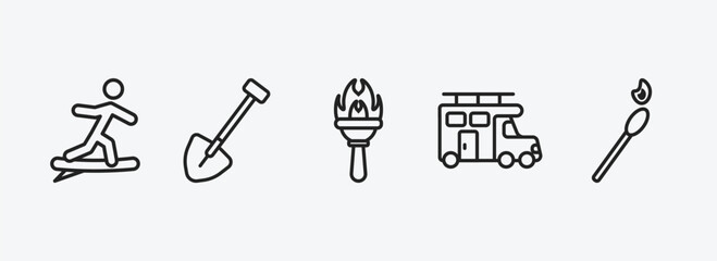 camping outline icons set. camping icons such as surfing, shovel, torch, camper, matches vector. can be used web and mobile.