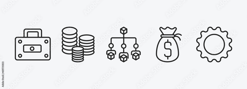 Poster business outline icons set. business icons such as rectangular briefcase, stacks of coins, hierarchi