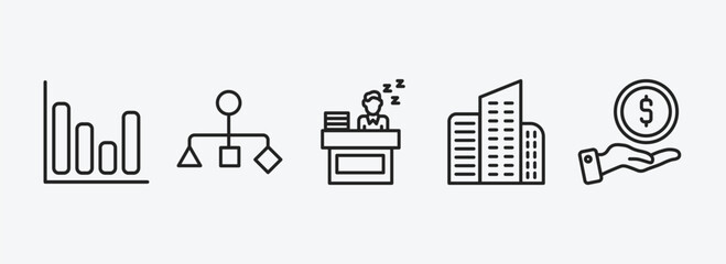 business outline icons set. business icons such as bar diagram, hierarchy structure, sleepy worker at work, corporation, give money vector. can be used web and mobile.
