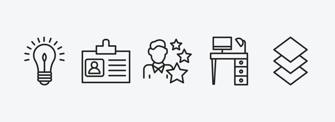 business outline icons set. business icons such as round light bulb, journalist id card, expert, work table, stack vector. can be used web and mobile.