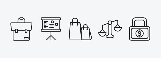 business outline icons set. business icons such as briefcase, graphic panel, shopping bags, punishment, safe money vector. can be used web and mobile.