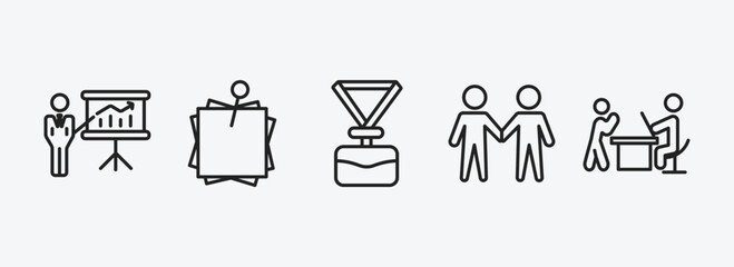 business outline icons set. business icons such as graphic panel and man, post it, lanyard, men couple, boss reading a document vector. can be used web and mobile.