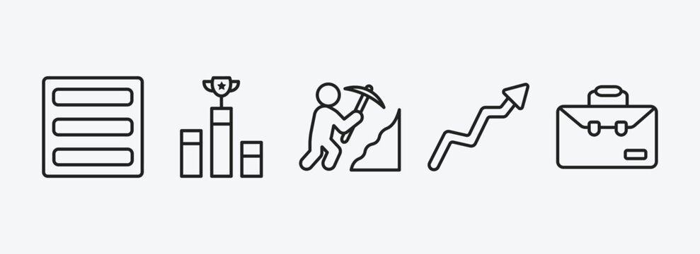 Business Collection. Outline Icons Set. Business Collection. Icons Such As Basic Burger, Ranking Factor, Worker Digging A Hole, Graphic Arrow, Business Vector. Can Be Used Web And Mobile.