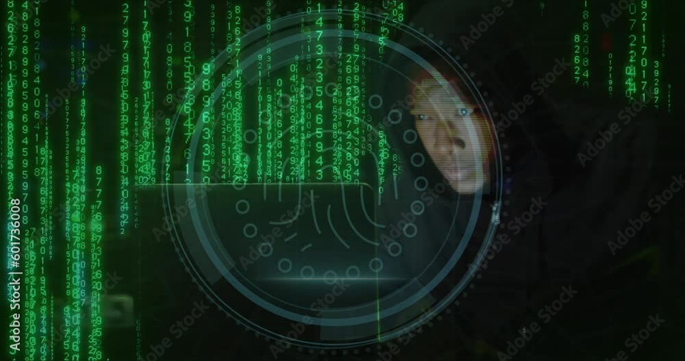 Poster animation of biometric print and binary coding over african american man using laptop