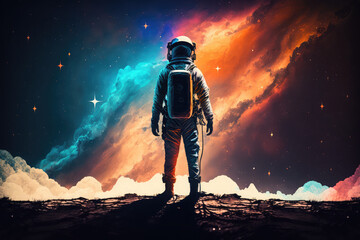 Fototapeta na wymiar Astronaut in outer space with colorful background