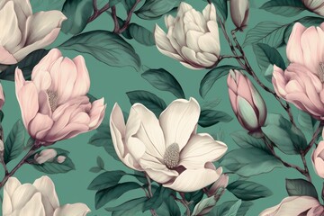 background seamless blossom flower watercolor magnolia leaf decoration pattern floral wallpaper. Generative AI. - 601736036