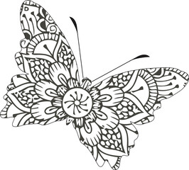 Butterfly mandala coloring page for children and adults. Hand drawing vector illustration in black outline on a white background.
