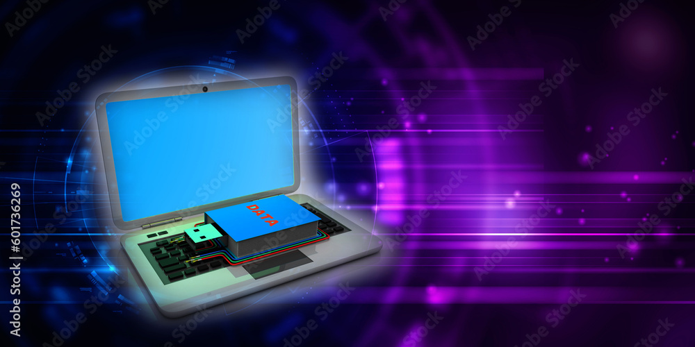 Poster 3d rendering data pendriver on laptop