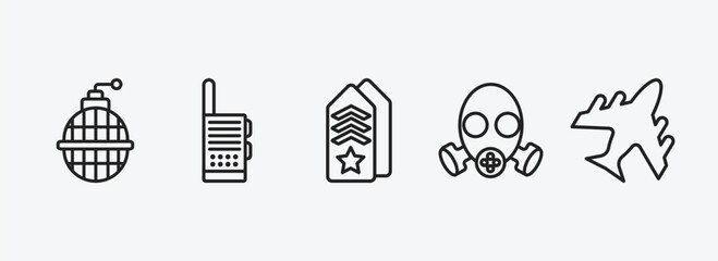 army and war outline icons set. army and war icons such as whizbang with rong, militar radio, shoulder strap, gas mask, plane vector. can be used web and mobile.
