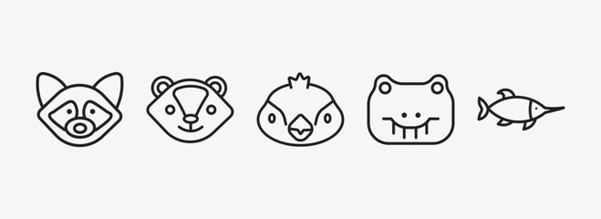 animals outline icons set. animals icons such as raccoon, skunk, sparrow, crocodile, swordfish vector. can be used web and mobile.