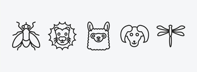 animals outline icons set. animals icons such as fly, lion head, llama, male sheep, dragonflay vector. can be used web and mobile.