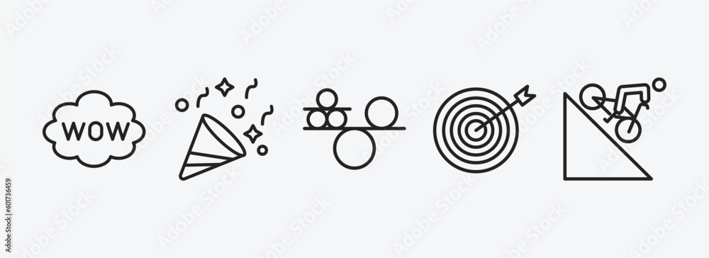 Poster activity and hobbies outline icons set. activity and hobbies icons such as comic, party, balancing, 