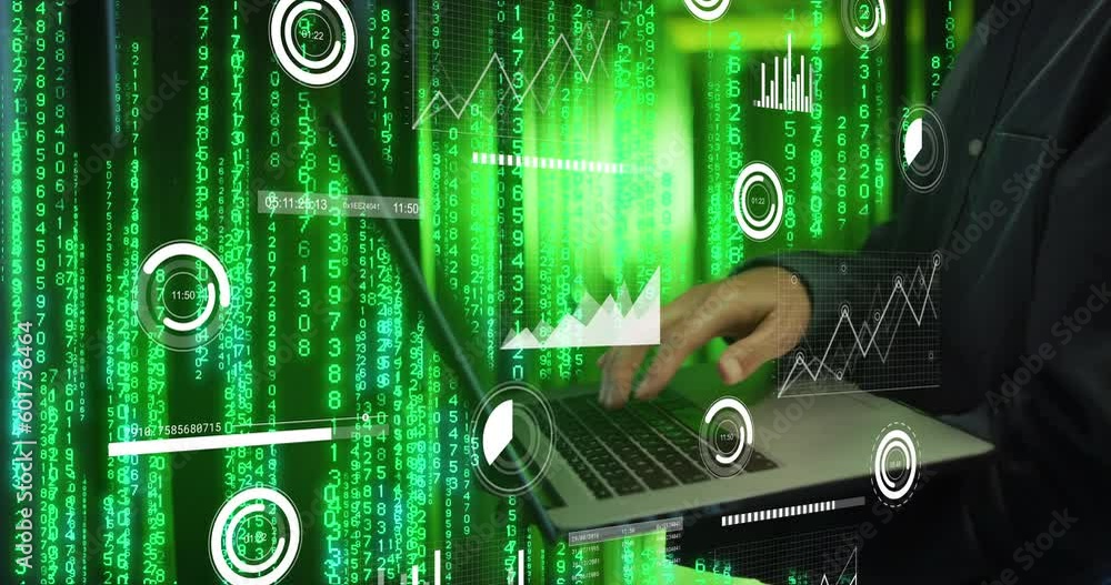 Poster animation of data processing over african american man using laptop by computer servers