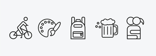 activity and hobbies outline icons set. activity and hobbies icons such as biking, coloring, backpacks, brewing, couple huging vector. can be used web and mobile.