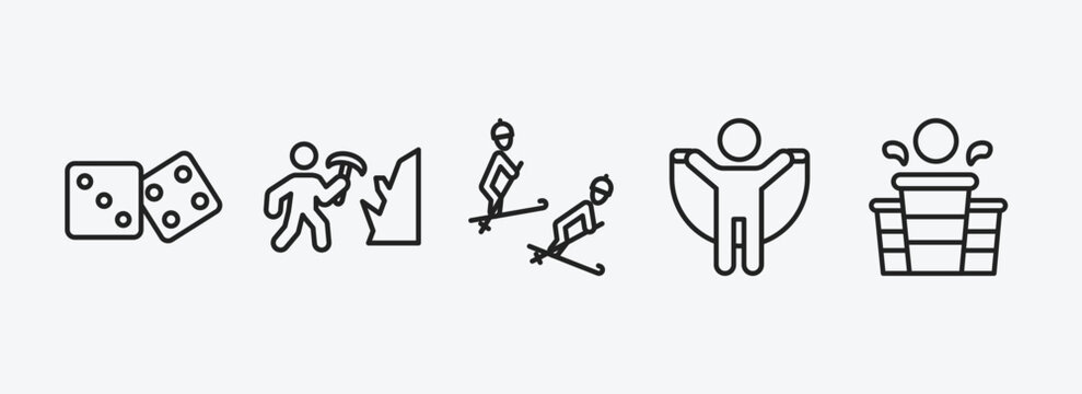 activity and hobbies outline icons set. activity and hobbies icons such as table game, mineral collecting, freestyle, jump rope, beer pong vector. can be used web and mobile.