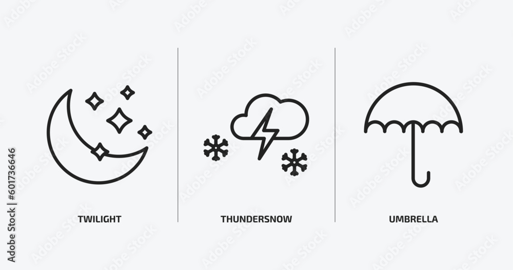 Poster weather outline icons set. weather icons such as twilight, thundersnow, umbrella vector. can be used