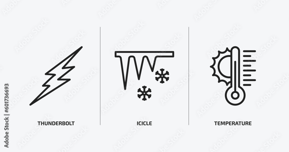 Poster weather outline icons set. weather icons such as thunderbolt, icicle, temperature vector. can be use