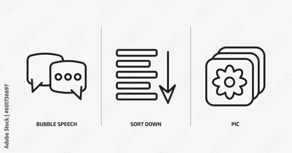 Poster user interface outline icons set. user interface icons such as bubble speech, sort down, pic vector.