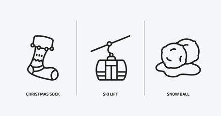 winter outline icons set. winter icons such as christmas sock, ski lift, snow ball vector. can be used web and mobile.