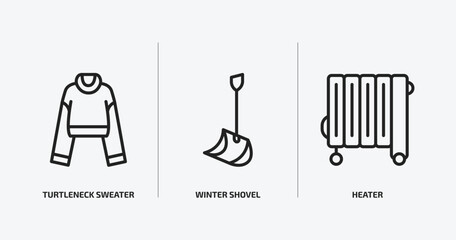 winter outline icons set. winter icons such as turtleneck sweater, winter shovel, heater vector. can be used web and mobile.
