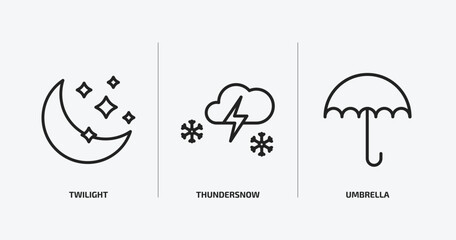 weather outline icons set. weather icons such as twilight, thundersnow, umbrella vector. can be used web and mobile.