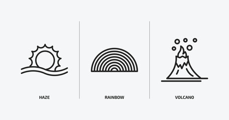 weather outline icons set. weather icons such as haze, rainbow, volcano vector. can be used web and mobile.
