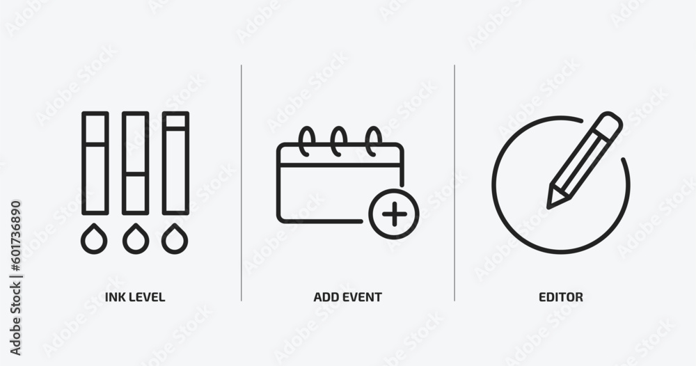 Poster user interface outline icons set. user interface icons such as ink level, add event, editor vector. 