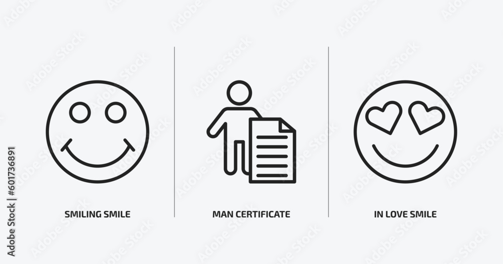 Poster user interface outline icons set. user interface icons such as smiling smile, man certificate, in lo