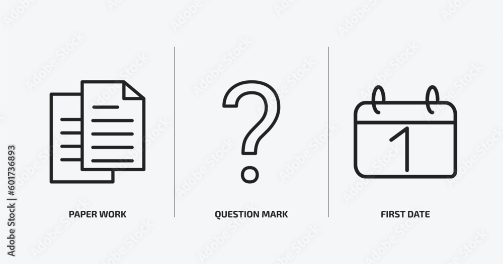 Poster user interface outline icons set. user interface icons such as paper work, question mark, first date