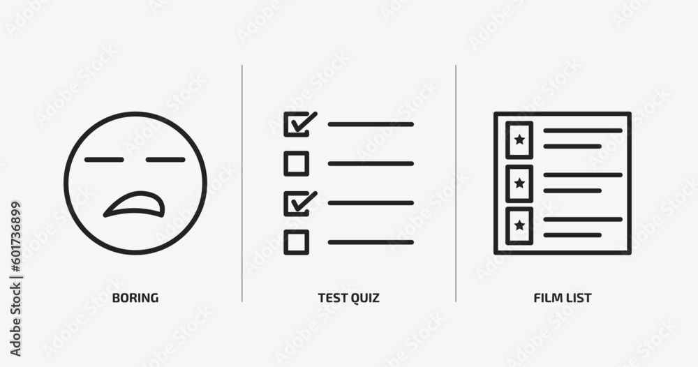 Poster user interface outline icons set. user interface icons such as boring, test quiz, film list vector. 