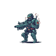 robot man with machine gun in hand. Technology Robot  . flat color logo