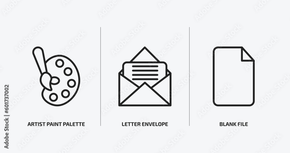 Poster user interface outline icons set. user interface icons such as artist paint palette, letter envelope