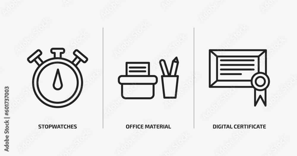 Poster user interface outline icons set. user interface icons such as stopwatches, office material, digital