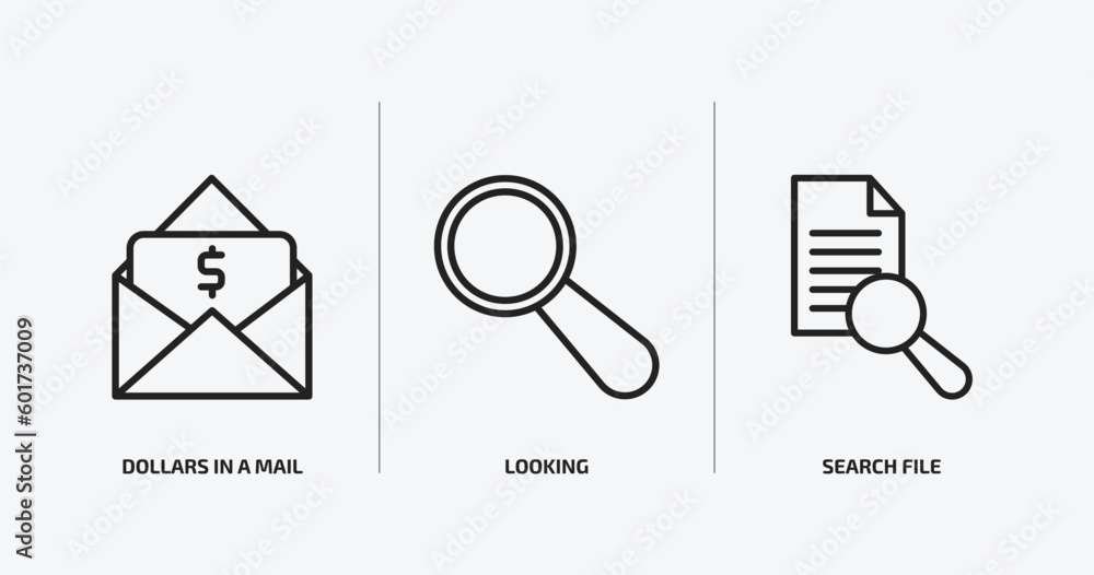 Poster user interface outline icons set. user interface icons such as dollars in a mail, looking, search fi