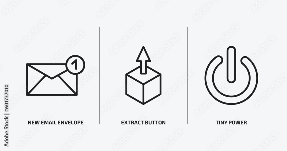 Poster user interface outline icons set. user interface icons such as new email envelope, extract button, t