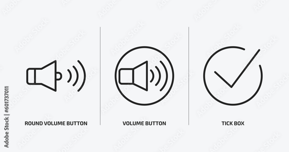 Poster user interface outline icons set. user interface icons such as round volume button, volume button, t