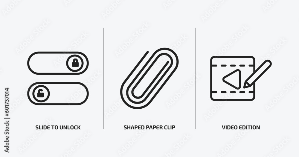 Poster user interface outline icons set. user interface icons such as slide to unlock, shaped paper clip, v