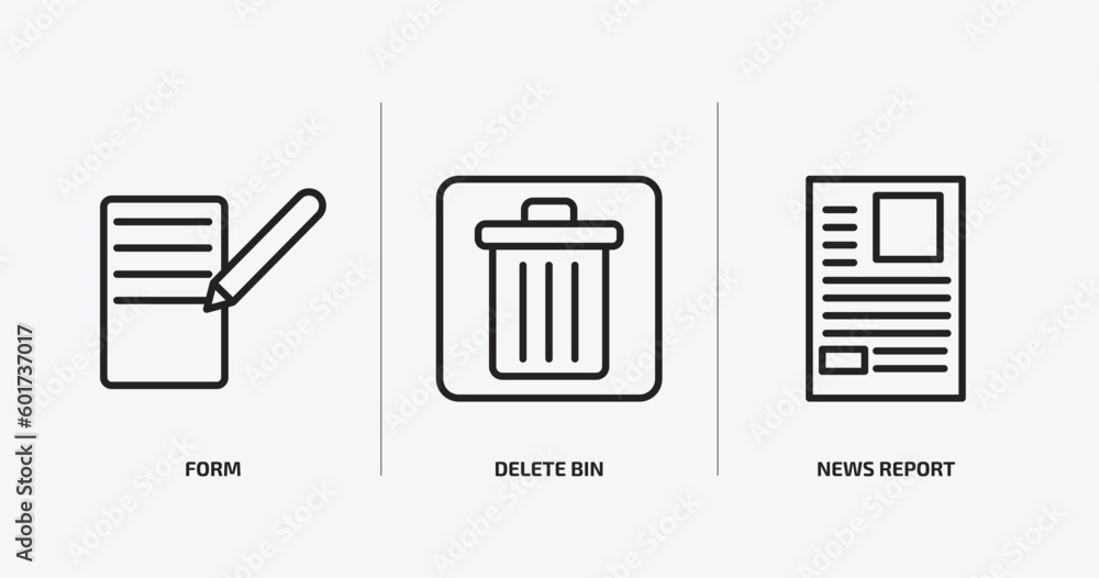 Poster user interface outline icons set. user interface icons such as form, delete bin, news report vector.
