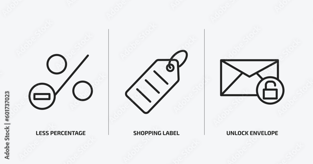 Poster user interface outline icons set. user interface icons such as less percentage, shopping label, unlo