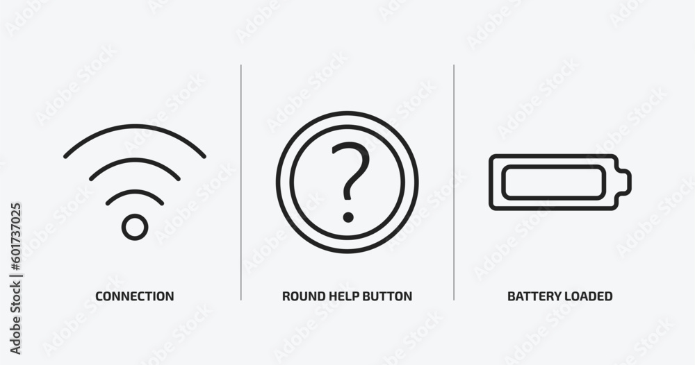 Poster user interface outline icons set. user interface icons such as connection, round help button, batter
