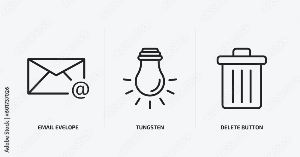 Poster user interface outline icons set. user interface icons such as email evelope, tungsten, delete butto