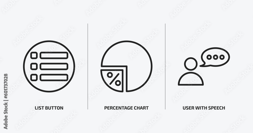 Poster user interface outline icons set. user interface icons such as list button, percentage chart, user w