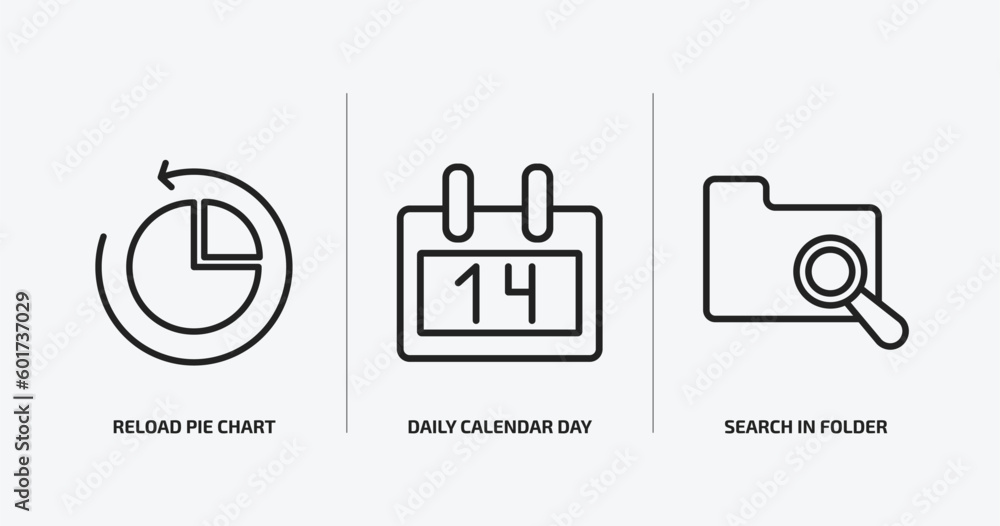 Poster user interface outline icons set. user interface icons such as reload pie chart, daily calendar day 